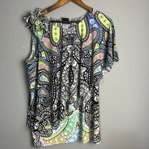 Sharon Young Boho Paisley Multicolor Retro Festival Asymmetrical Ruffle SL Top L
